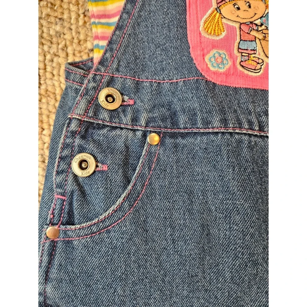 Vintage Cheerios Kids Denim Overalls Striped Turtleneck Set Pink Blue 90s Floral